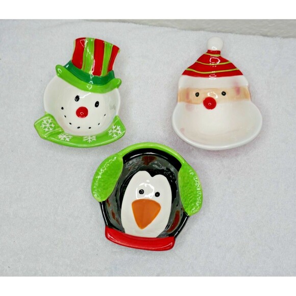 Ceramic Set (3) Condiment Dishes Santa Snowman Penguin Christmas Snack Candy - Picture 1 of 11